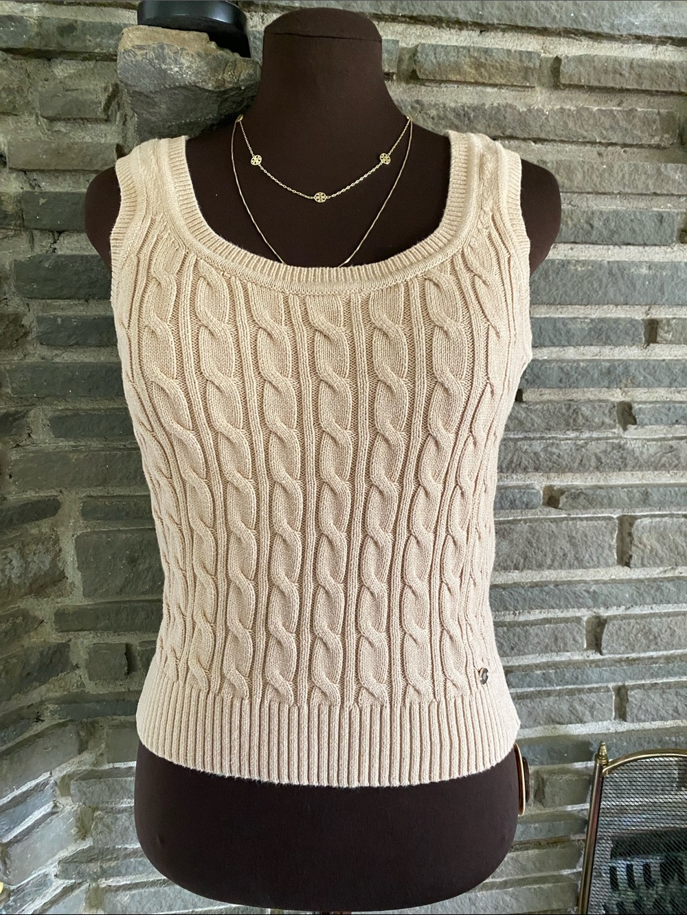 Tommy Hilfiger sweater tank top shirt blouse cableKnit vest tan beige vintage